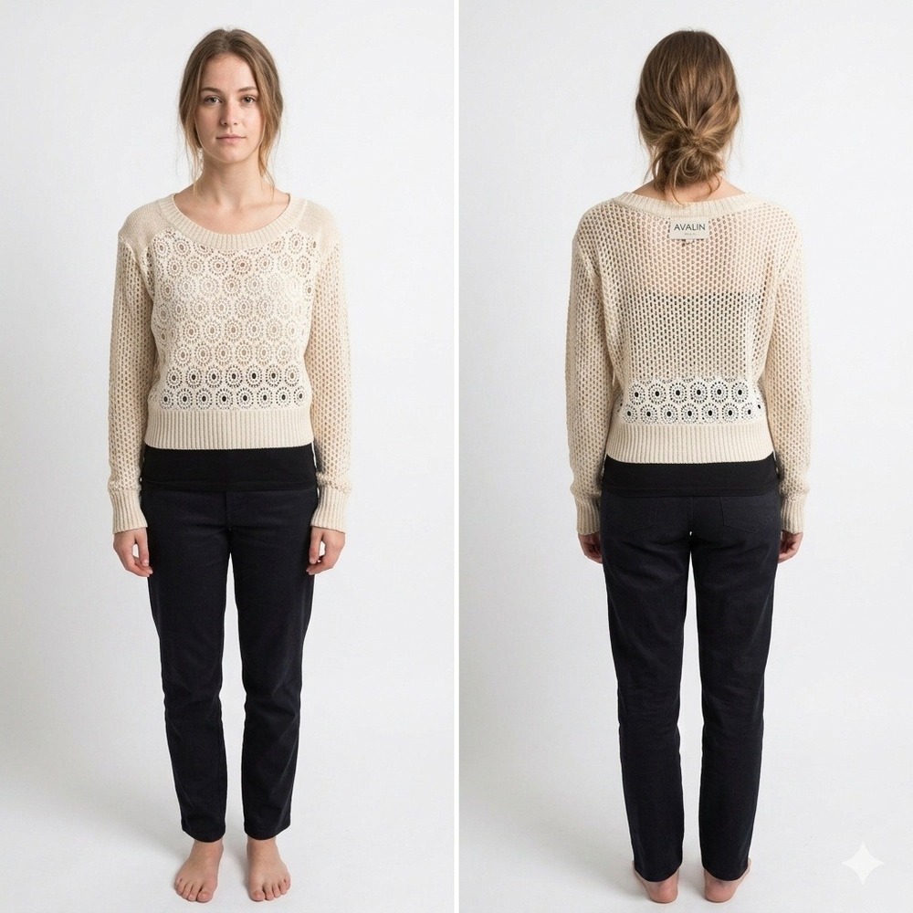 Avalin Sweater Womens XL Cream Cotton Crochet‎ Floral Knit  Beige Long Sleeve